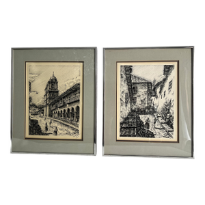 Vintage Black Line Sketches of European Cityscapes Signed Dante Vivero (Pair)