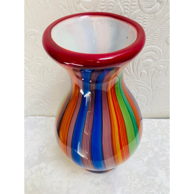 Italian Vintage Millefiori Striped Italian Murano Attributed Heavy Glass Paperweight Vase For Sale - Image 3 of 11