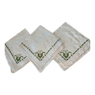 Early 20th Century Cross Stitch Tulip in Green Napkins- Set of 3 For Sale
