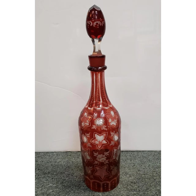 C. 1880 Bohemian Ruby Flash Glass Stars/Floral Motifs Decanter For Sale - Image 4 of 9
