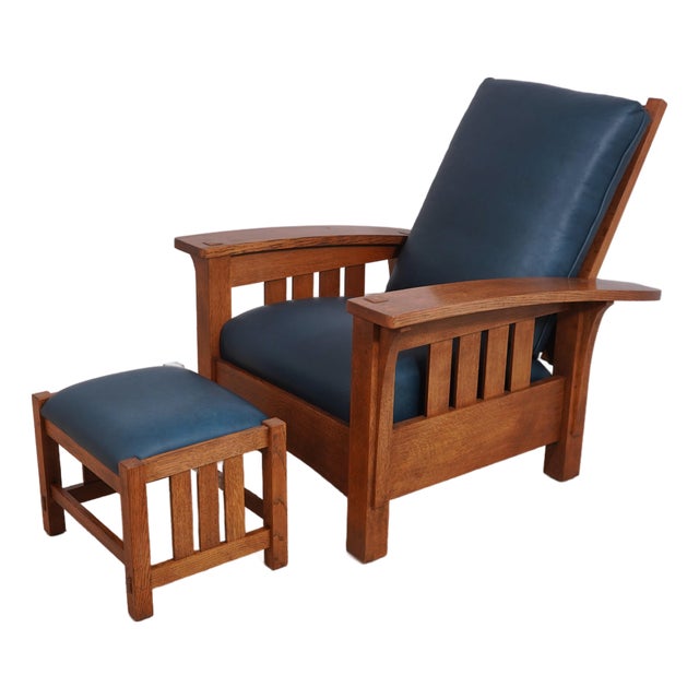 Stickley Mission Oak Leather Chair & Ottoman For Sale