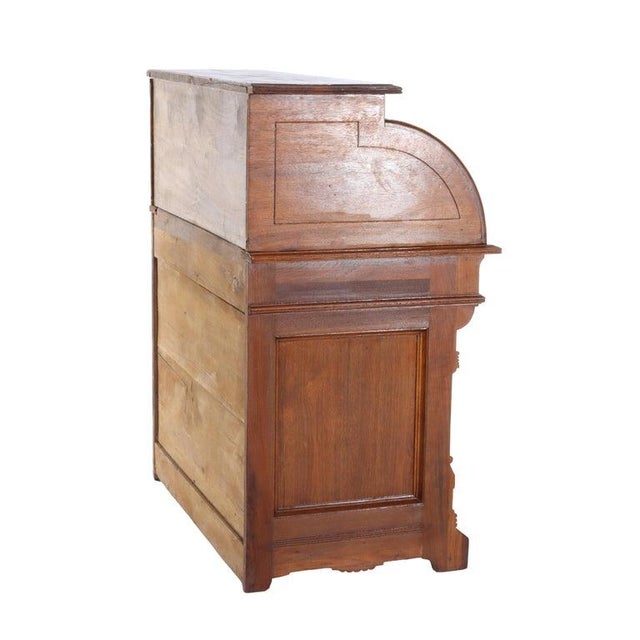 Antique Renaissance Revival Walnut & Burl Barrel Roll Top Desk C1890 For Sale - Image 6 of 11