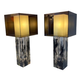 1990s Pair of Lucite Cube Table Lamps For Sale