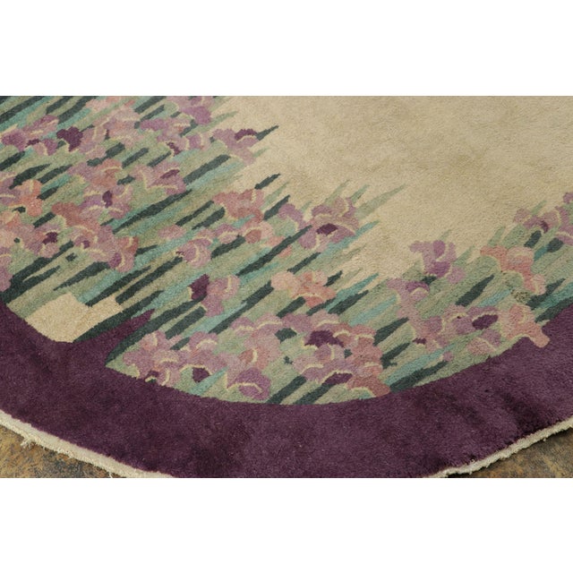 Art Deco Antique Chinese Art Deco Oval Rug With Rising Irises and Lilac Border For Sale - Image 3 of 7