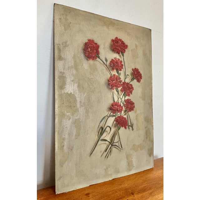Antique botanic oil painting of bright red carnations, late 19th century. Detailed and accurate rendering. Signed “Ison”...