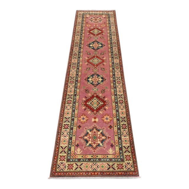 Kazak Runner 2’9” X 9’10” Pink Wool Tribal Hand-Knotted Oriental Rug For Sale