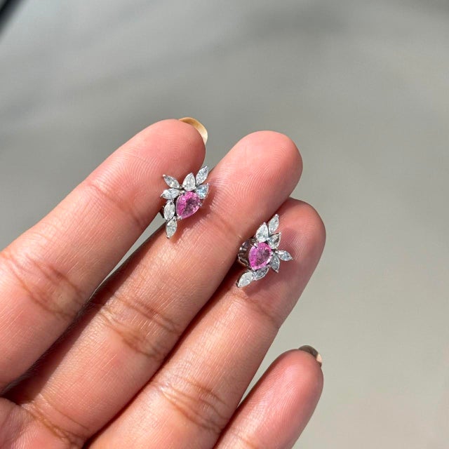 14k Gold Natural Pink Sapphire & Diamond Artistic Cluster Stud Earrings- A Pair For Sale In New York - Image 6 of 14