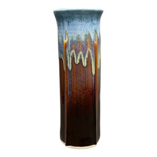 Vintage Bill Campbell Studio Art Pottery Drip Glaze Vase in Blue and Brown For Sale
