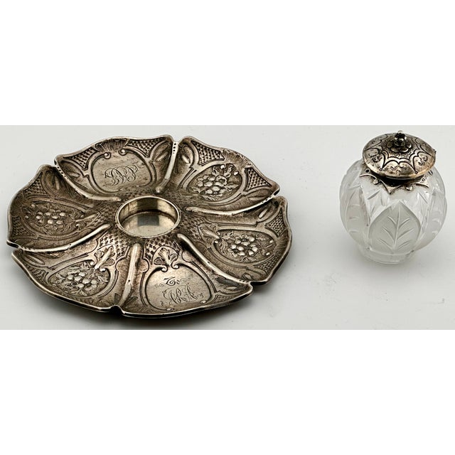 Outstanding Antique Victorian Hand Made London Sterling Silver & Hand Gut Crystal Inkwell - Circa 1865 For Sale - Image 11 of 18