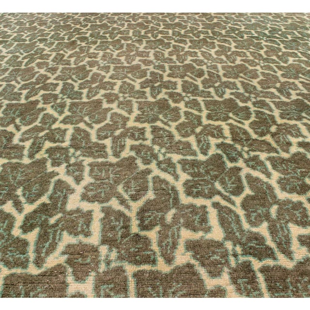 Textile Green Colored Leaf Pattern Vintage Rug With a Modern Design in Squared Shape 7' X 8'8 For Sale - Image 7 of 10