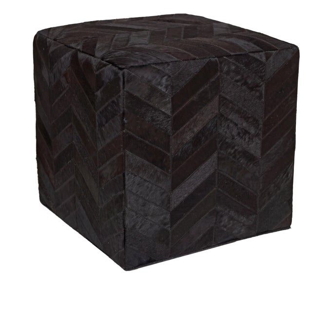 Handmade Black Cowhide Leather Ottoman Pouf 18x18x18 in Chevron Patchwork For Sale - Image 9 of 11