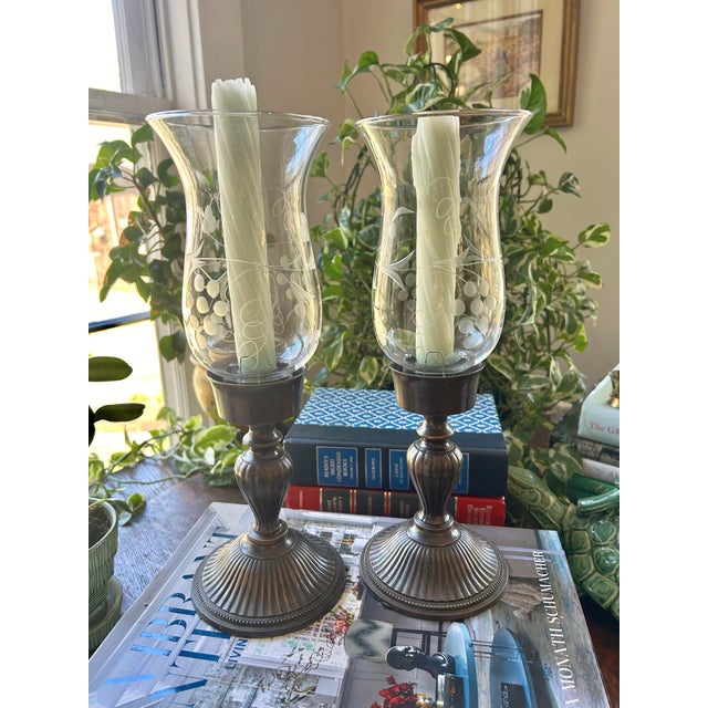 Vintage Bronze Finish Brass Candleholders With Etched Glass Globes - A Pair For Sale - Image 4 of 12