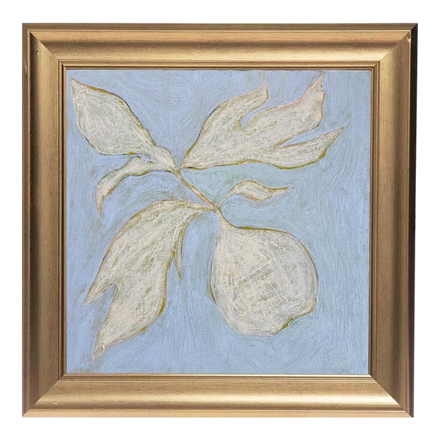 Original Framed Botanical Leaf Painting, Oil on Canvas in Gold Beaded Frame, 14x14 Minimalist Boho Home Decor For Sale