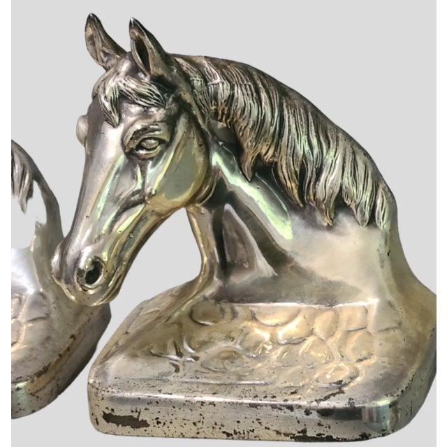 Vintage Decorative Equestrian Horse Head Silvered Metal Bookends Marked Pmc88- Set of 2 For Sale - Image 6 of 10