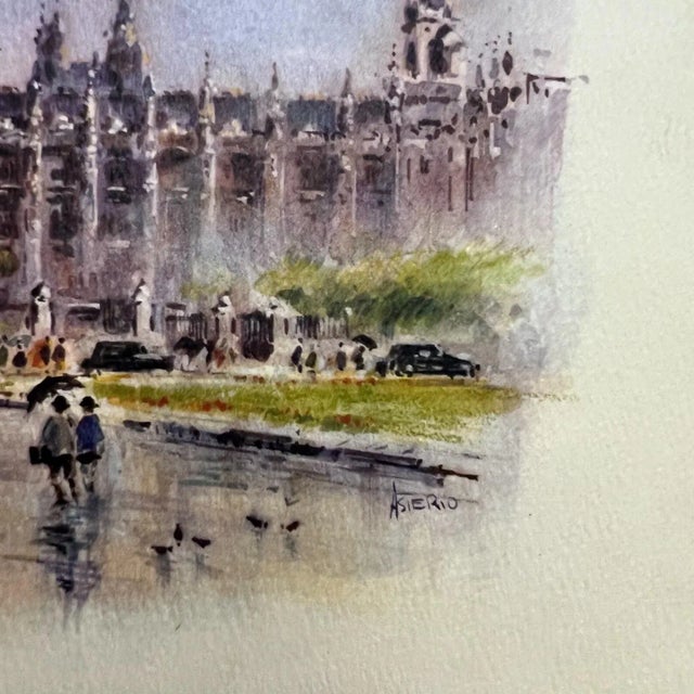 AMBIANIC presents Asterio Pascolini 1960s Impressionist Art Lithograph scenic London Big Ben Palace of Westminster Double...