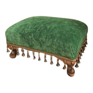 Antique English Green Velvet Tassled Footstool For Sale