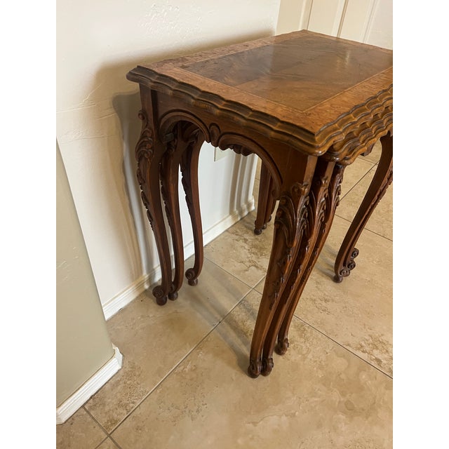 Brown Set of 3 1930s Carved Burr Walnut Nesting Tables For Sale - Image 8 of 12