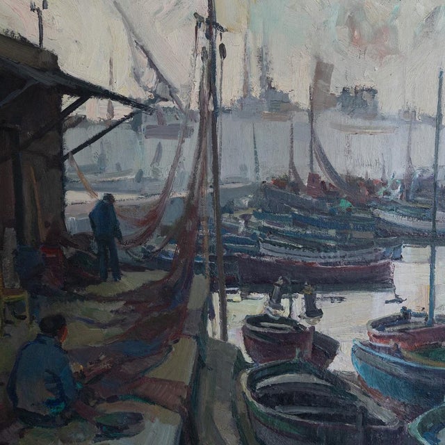Pascual Bueno Ferrer, Port of Barcelona, 1950s, Oil on Canvas For Sale - Image 4 of 11