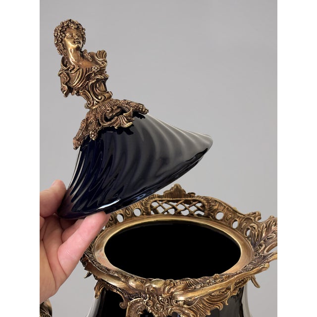 Large Covered Urn in Black Porcelain and Bronze Rocaille Decoration with Cherubs, 2010s For Sale - Image 9 of 18