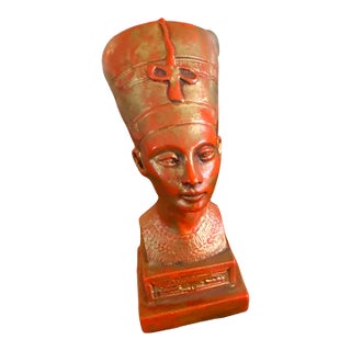 Vintage Queen Nefertiti Bust Sculpture, Egyptian Revival, Antiqued Vermilion Finish For Sale