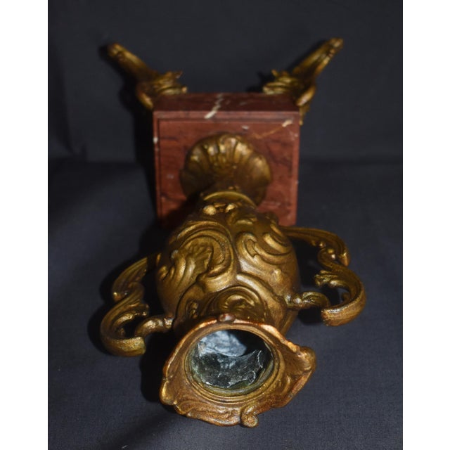 Antique French Rococo Metal Urn Vase Marble Base Mantle Garniture 19th C For Sale - Image 15 of 17