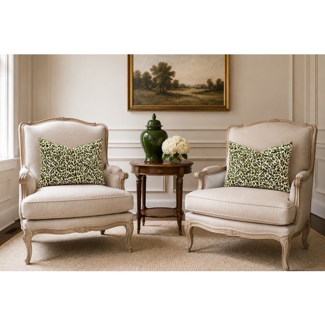 One rich pair of down and feather lumbar pillows measuring 14 High X 24 Wide. A luxury animal print in a raised green...