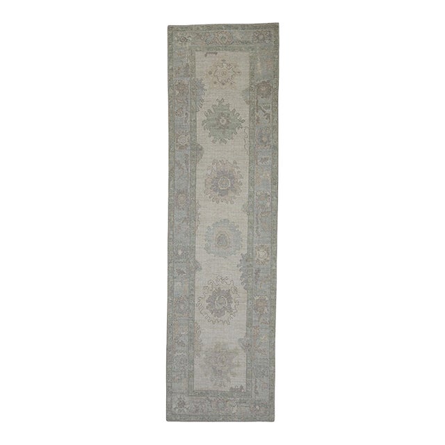 Turkish Oushak Runner Rug Green, Taupe & Blue Handwoven Wool Rug 2'11" X 10'4" For Sale