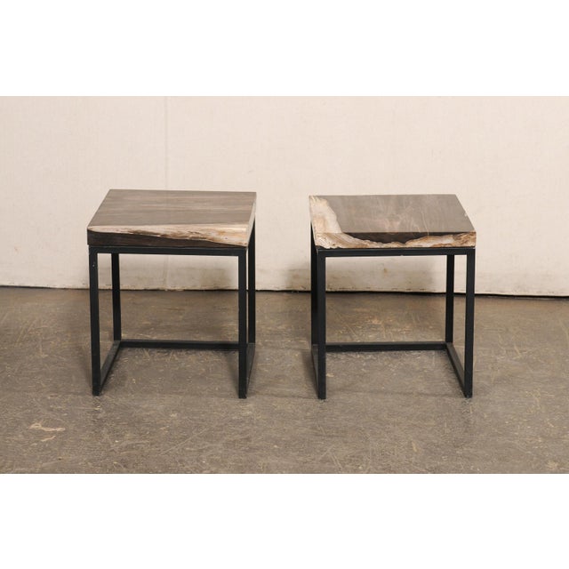 Black & Tan Petrified Wood Top Side Tables - A Pair For Sale - Image 4 of 11
