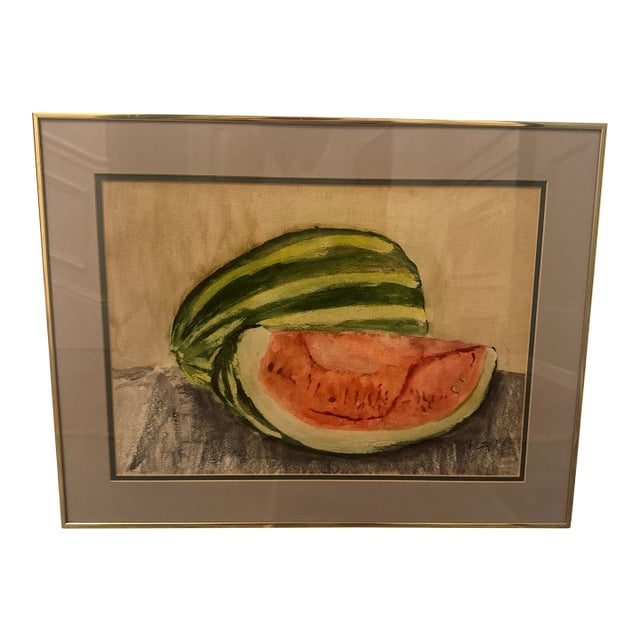Framed Watermelon Still Life - Original Watercolor or Pastel Painting, Vintage Kitchen Wall Art For Sale