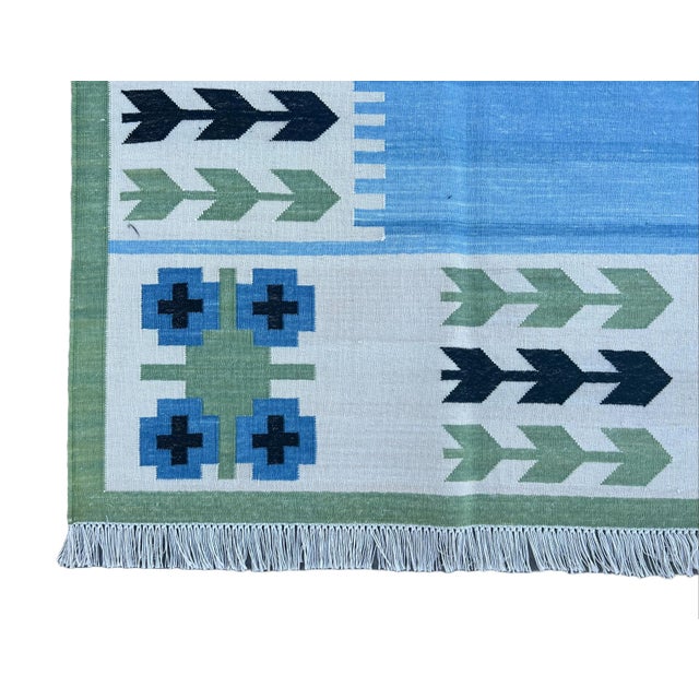 Not Yet Made - Made To Order Handmade Cotton Natural Vegetable Dyed Reversible Sky Blue Green Black Leaf Pattern Rug Dhurrie - 10'x14' For Sale - Image 10 of 11