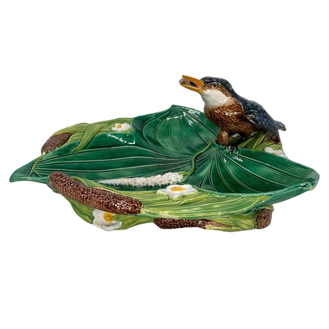 A George Jones Majolica Kingfisher on Lily Pad Luncheon Tray, the trefoil dish naturalistically molded as a lily pad and...