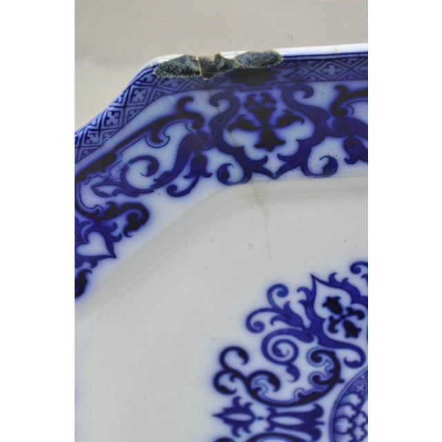 Ceramic Antique Flow Blue and White Transferware Ironstone Platter Dish W Chinese Dragon For Sale - Image 7 of 12