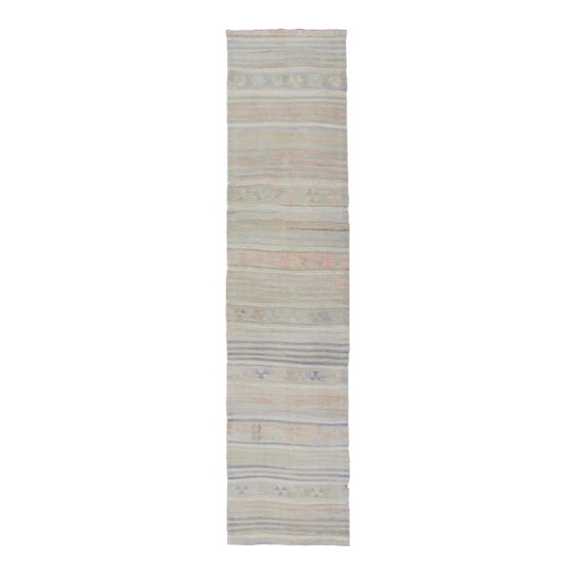 Mid 20th Century Vintage Turkish Kilim Runner With Soft Stripes and Modern Design in Muted Colors For Sale