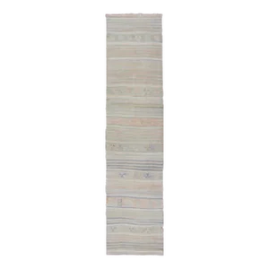 Mid 20th Century Vintage Turkish Kilim Runner With Soft Stripes and Modern Design in Muted Colors