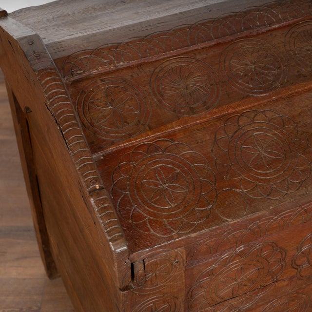 Wood 19th Century Oak Dome Top Trunk With Carved Details From Hungary For Sale - Image 7 of 16