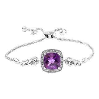 .925 Sterling Silver 10mm Cushion Cut Amethyst Gemstone and Diamond Accent Lariat 4”-10” Adjustable Bolo Bracelet (H-I Color, SI1-SI2 Clarity) For Sale