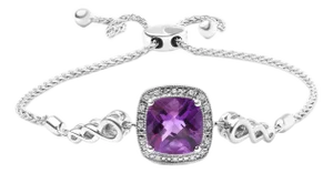 .925 Sterling Silver 10mm Cushion Cut Amethyst Gemstone and Diamond Accent Lariat 4”-10” Adjustable Bolo Bracelet (H-I Color, SI1-SI2 Clarity)
