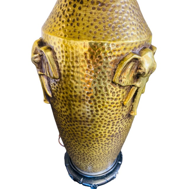 Mid 20th Century Mid-20th Century Gold Porcelain Hammered Brass Textured Elephant Head Lamps a Pair For Sale - Image 5 of 13