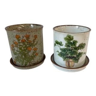 Vintage Ceramic Herb Planter Pots With Underplates - a Pair For Sale