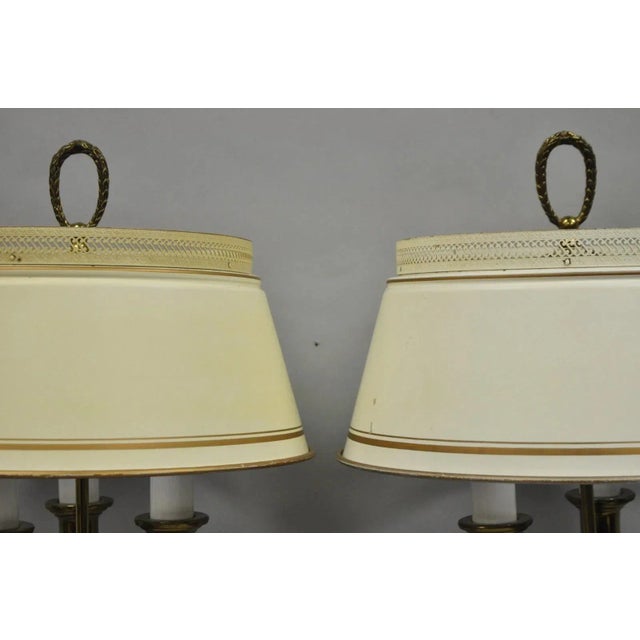 Late 20th Century Vintage French Country Tole Metal Shade Brass Column Candelabra Table Lamps Pair For Sale - Image 5 of 16