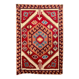 Vintage Indian Wool Chain Stitch Tapestry With Tribal Kilim Design, 4' × 6' For Sale