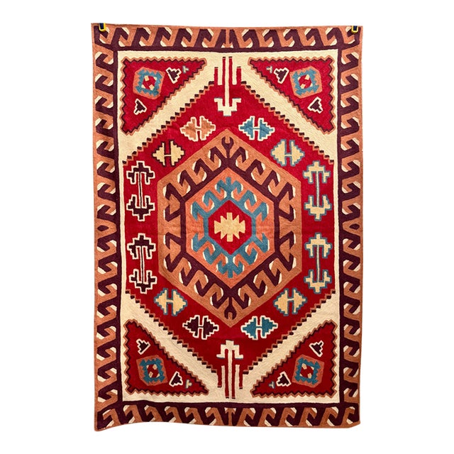 Vintage Indian Wool Chain Stitch Tapestry With Tribal Kilim Design, 4' × 6' For Sale