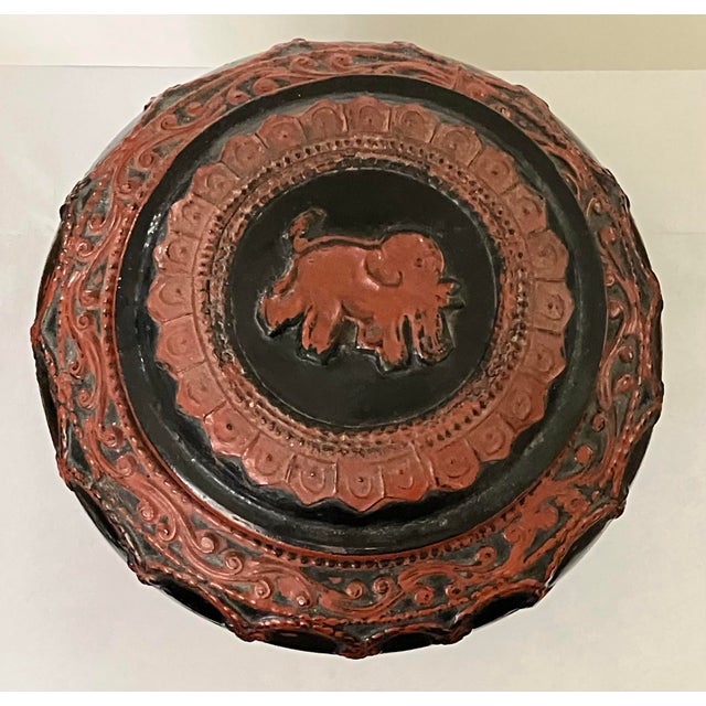 Paper Antique Burmese Lacquer Lidded Jar, Elephant, Red & Black, 5 1/2” X 4 1/2” T For Sale - Image 7 of 12