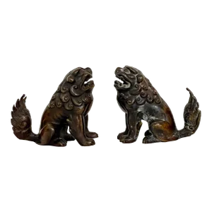 Early 20th-C. Asian Bronze Food Dogs or Lions Figurines, Pair