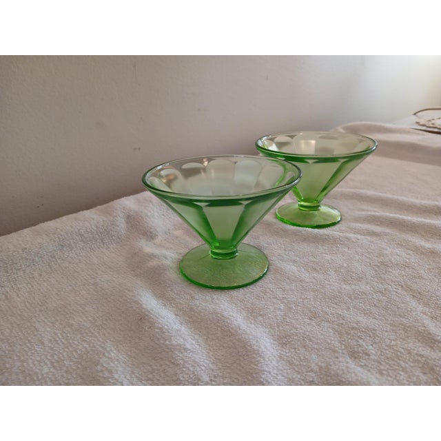 Federal Glass Vintage 1930's Depression / Uranium Glass Federal Glass Paneled Optic Sherbets (2) For Sale - Image 4 of 6