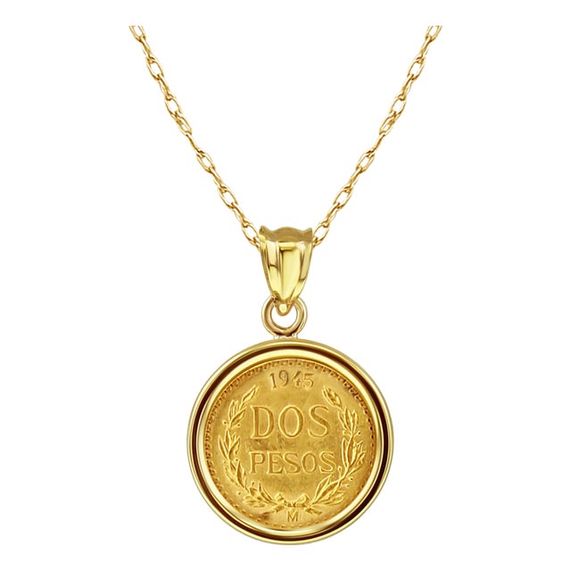 1945 Dos Pesos Gold Coin Pendant with Polished Bezel For Sale