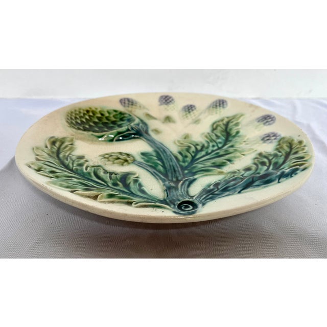 Late 19th Century Antique Late 1800s Luneville Barbotine Majolica Asparagus and Artichoke Plate For Sale - Image 5 of 13