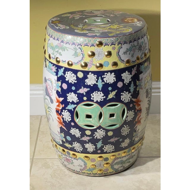 Exquisite Vintage Chinese Famille Rose Porcelain Garden Seat With Dragon Motif For Sale - Image 9 of 12