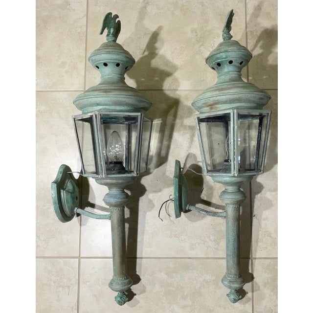 Magnificent Pair of Vintage Solid Brass Eagle-Topped Wall Lanterns For Sale - Image 13 of 17