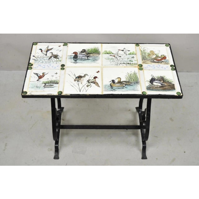 Antique Art Nouveau Wrought Iron Small Side Table With Duck Geese Tile Top For Sale - Image 4 of 10